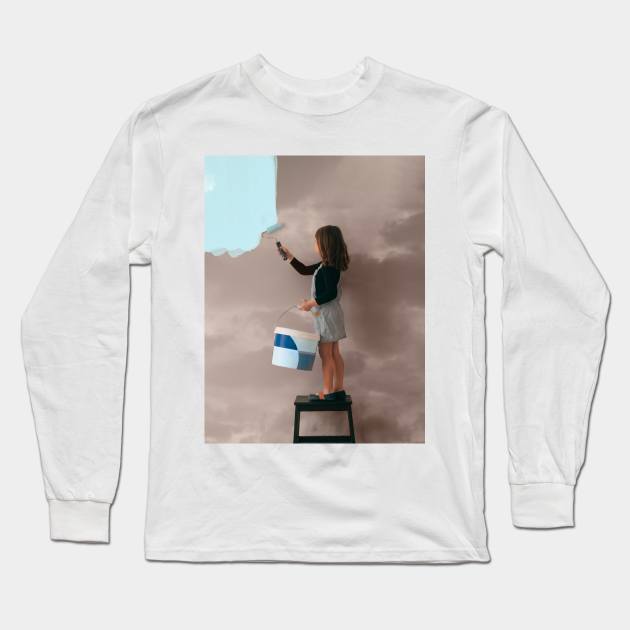 Positive Attitude, Vibes And Mentality Concept Little Girl Uses A Can Of Paint To Color The Wall Of The Room From Cloudy Gray To Clear Blue Sky Long Sleeve T-Shirt by ProjectX23 Orange